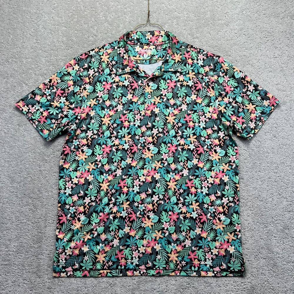 Chubbies Polo Shirt Size M Floral Toucan Tropical Hawaiian Performance Stretch